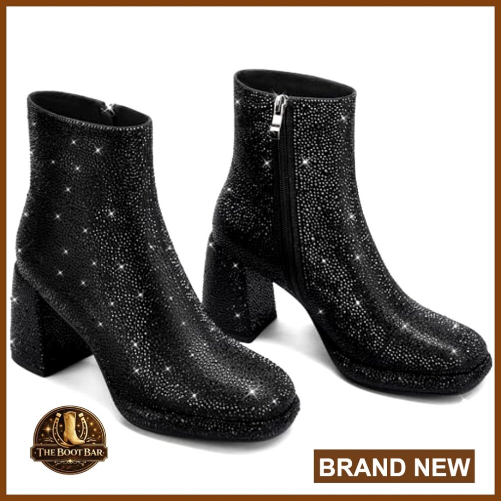 Sparkly Rhinestone Ankle Booties Chunky Block Heel Platform Wedding Party - Picture 5 of 7